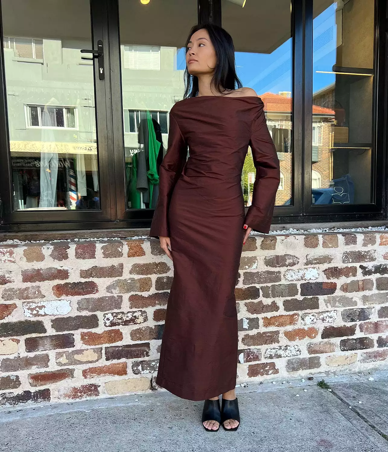 SILK OFF THE SHOULDER DRESS-CHOCOLATE