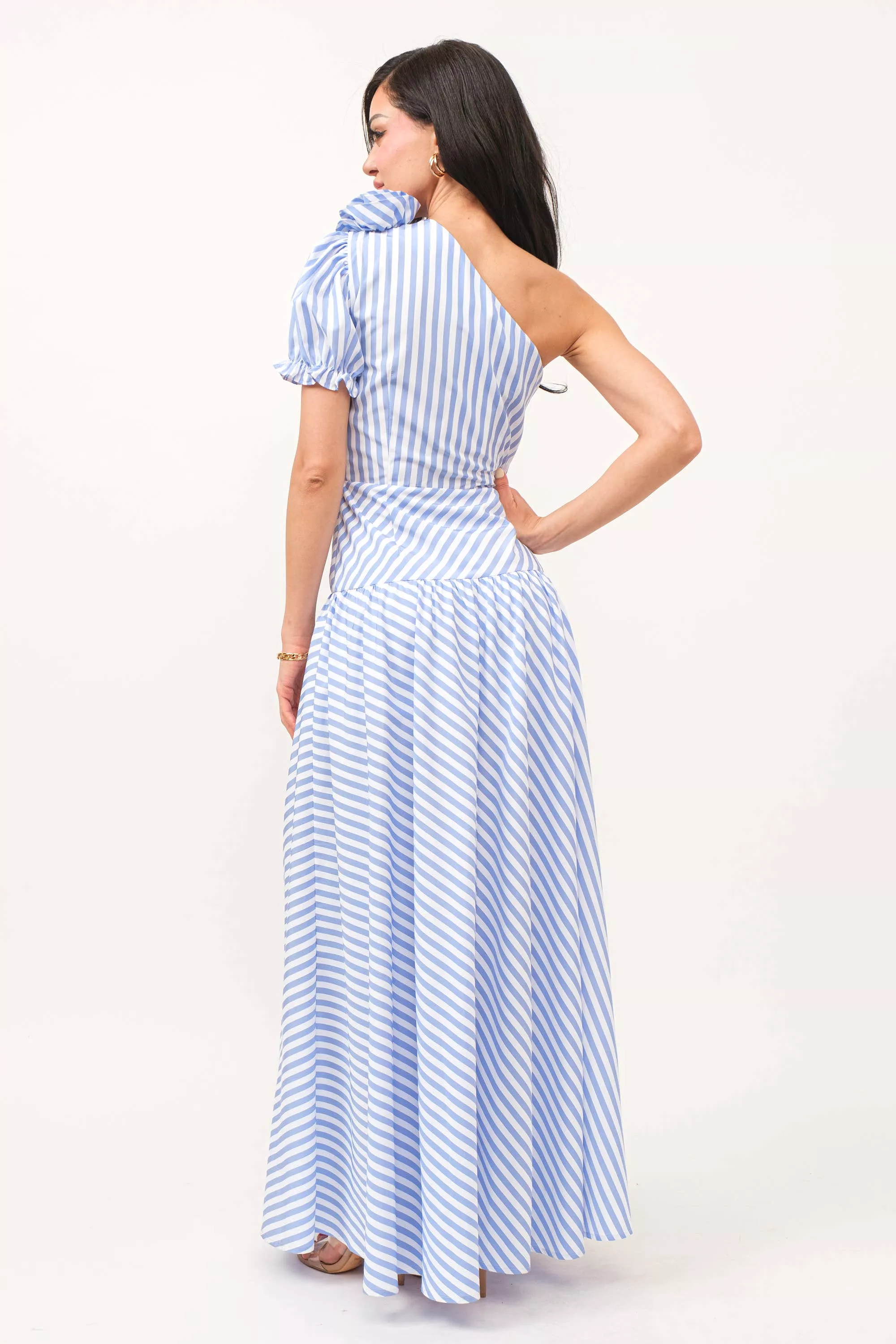 Stripe print one shoulder dress with self flower detail: L / Royal Blue