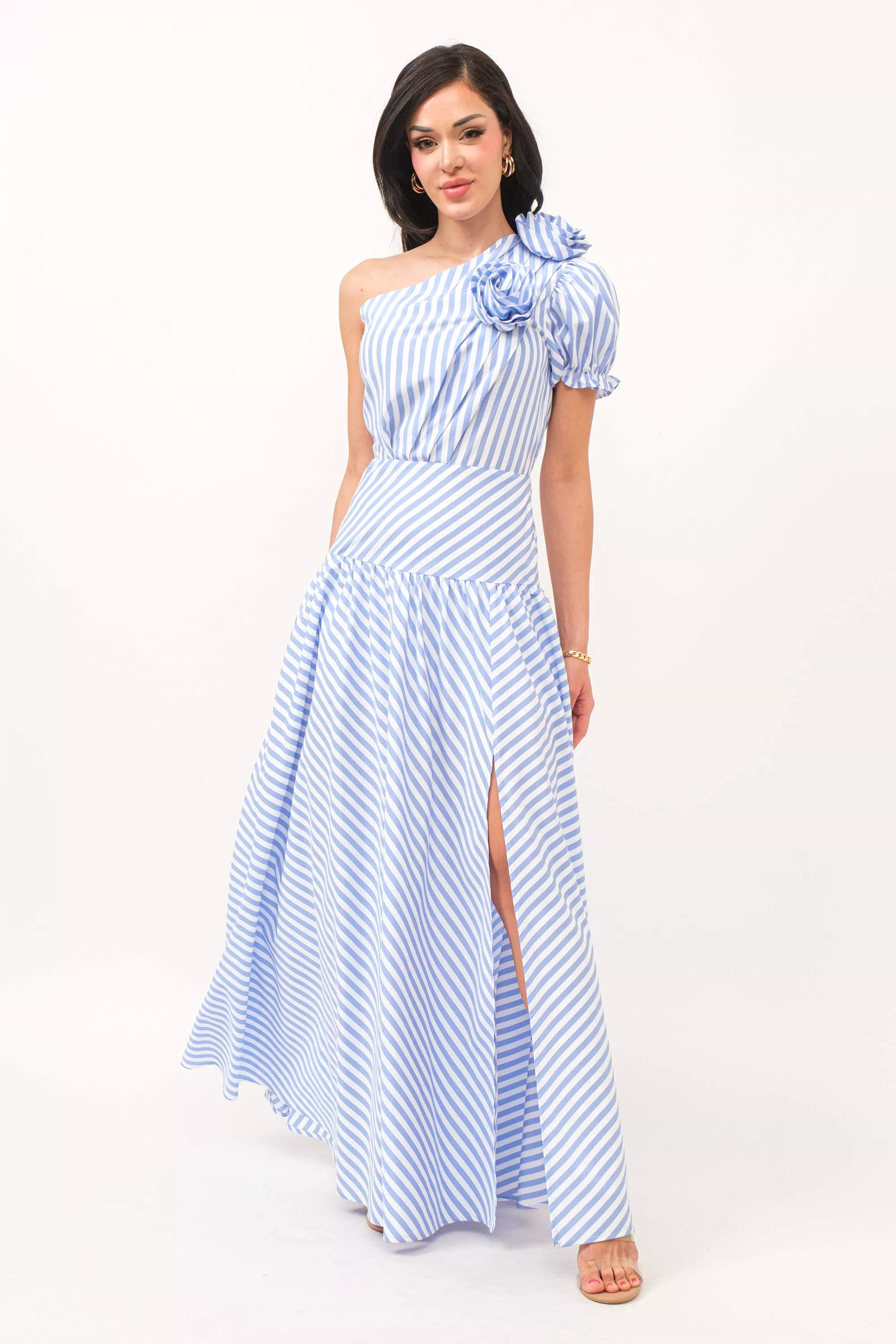 Stripe print one shoulder dress with self flower detail: S / Royal Blue