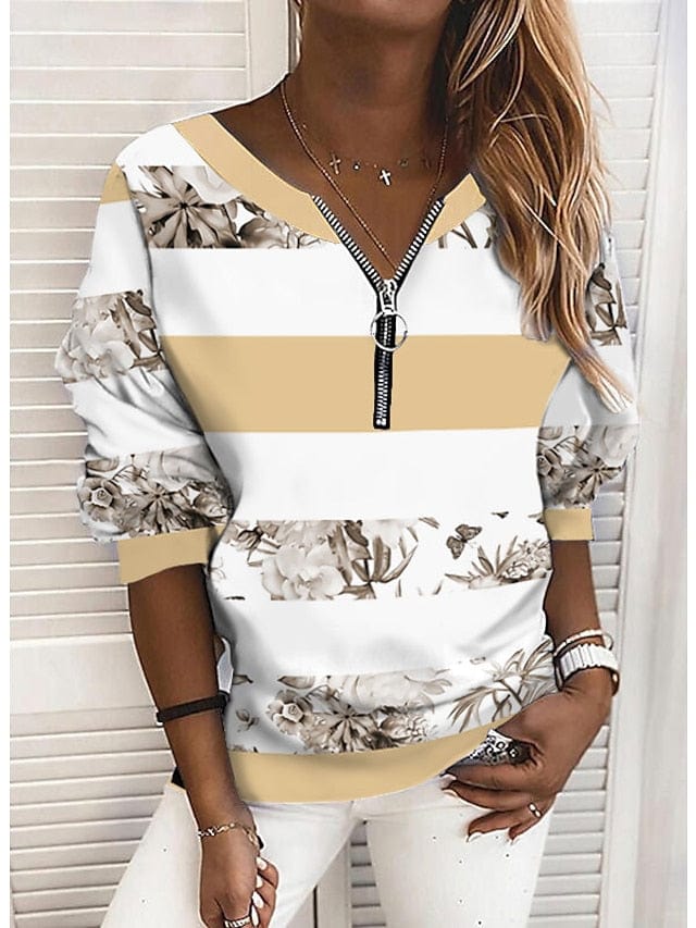 Striped Color Block V-Neck Long Sleeve Women's Blouse