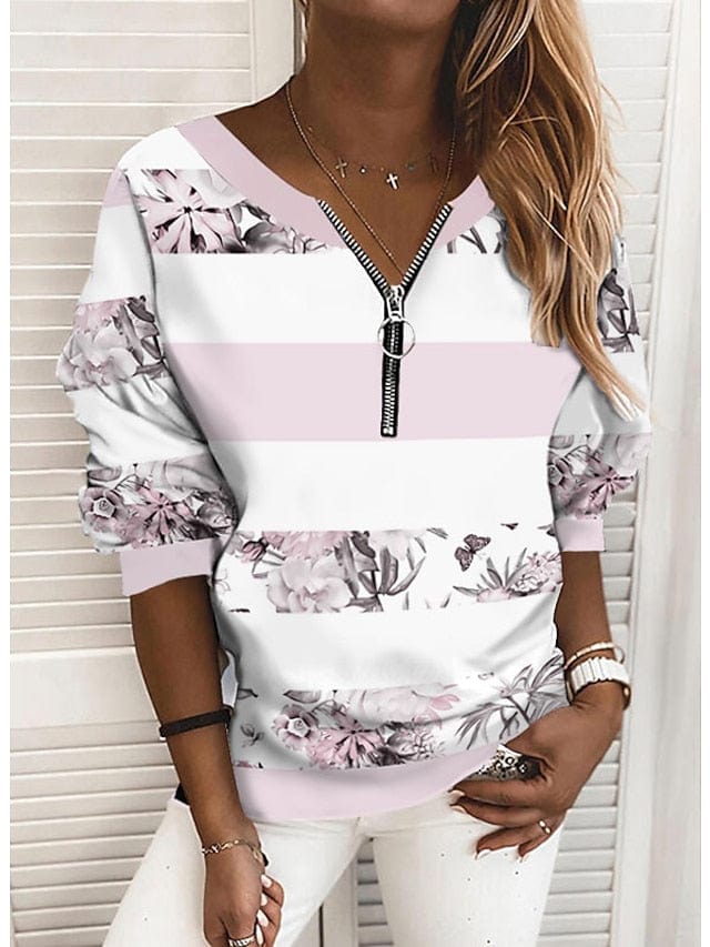 Striped Color Block V-Neck Long Sleeve Women's Blouse