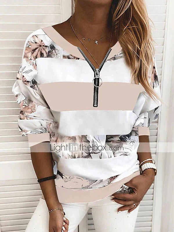 Striped Color Block V-Neck Long Sleeve Women's Blouse