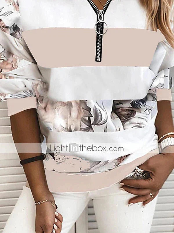 Striped Color Block V-Neck Long Sleeve Women's Blouse