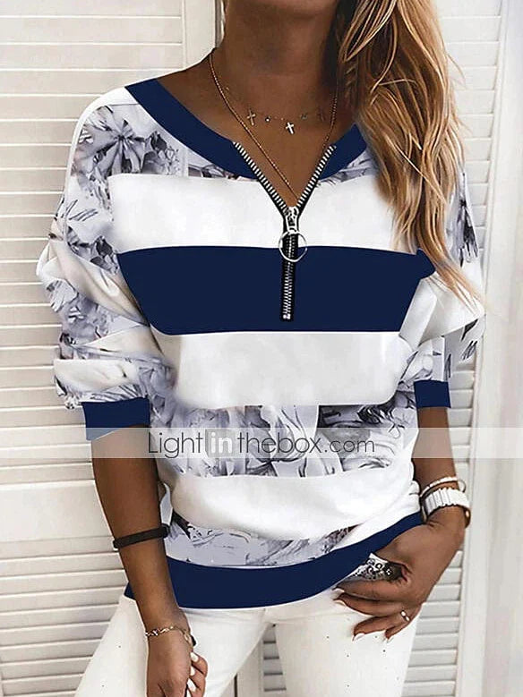 Striped Color Block V-Neck Long Sleeve Women's Blouse