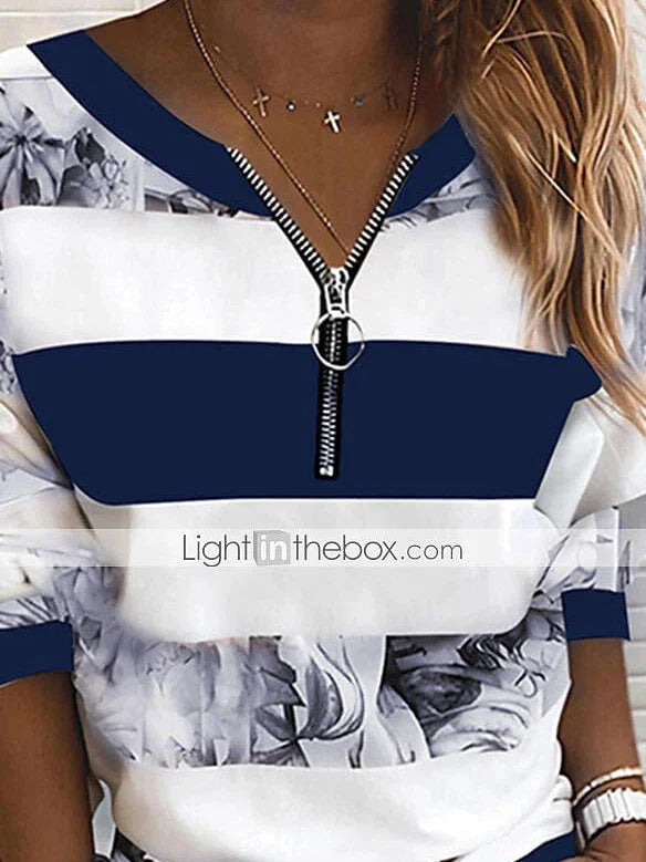 Striped Color Block V-Neck Long Sleeve Women's Blouse