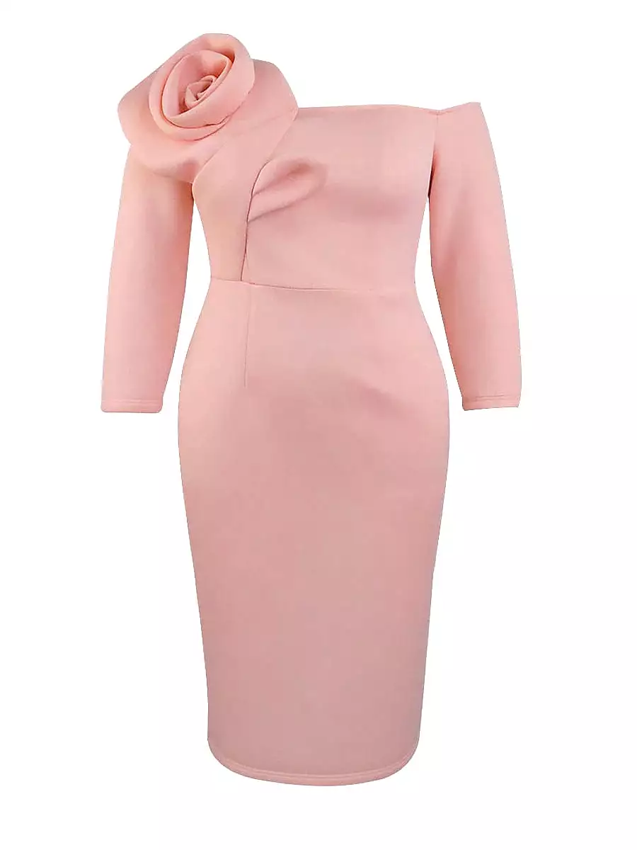 Stylish Pink Plus Size Midi Dress with Off-Shoulder Long Sleeve