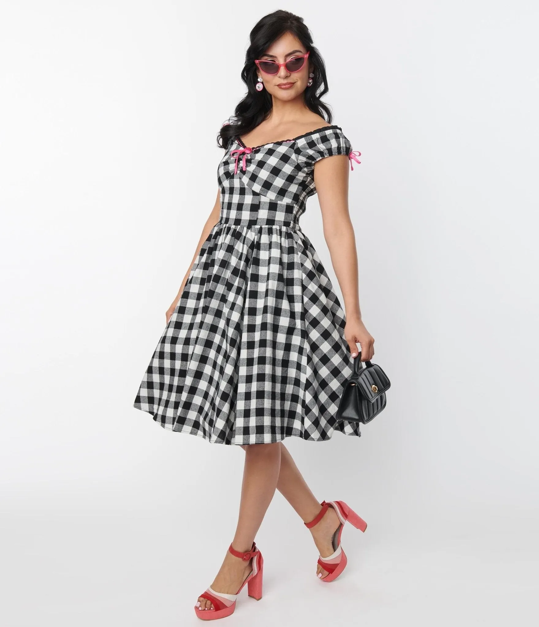 Unique Vintage Black Gingham Cap Sleeve Swing Dress