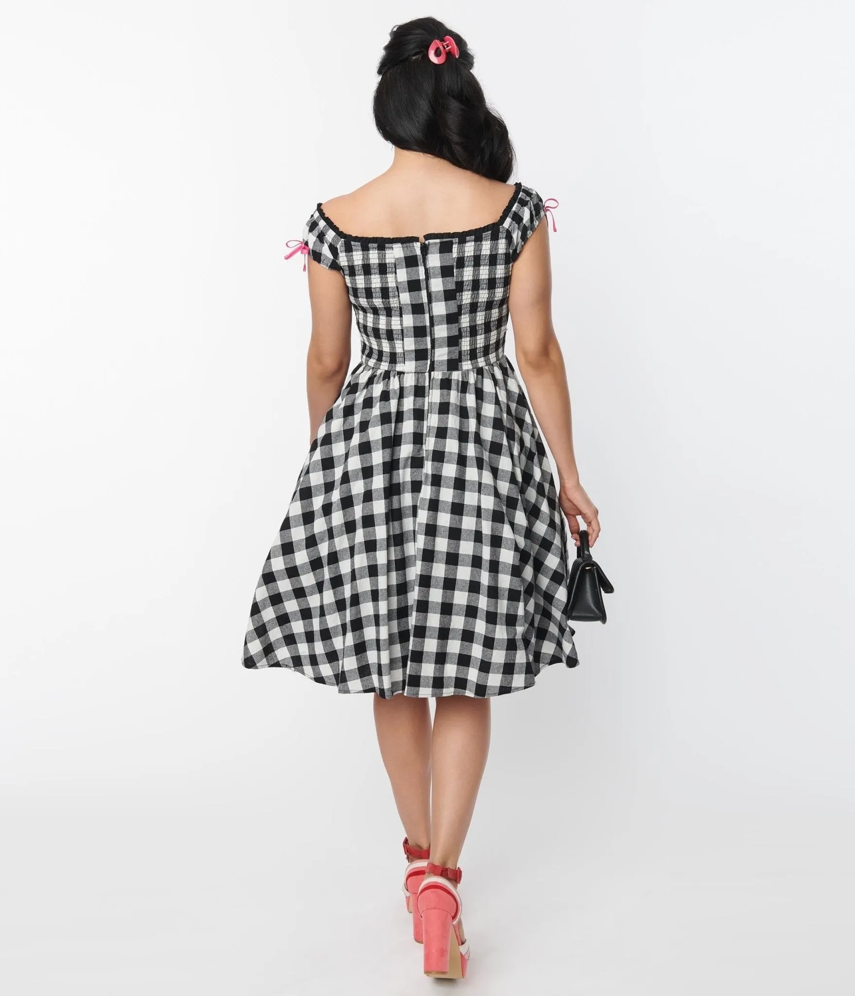 Unique Vintage Black Gingham Cap Sleeve Swing Dress