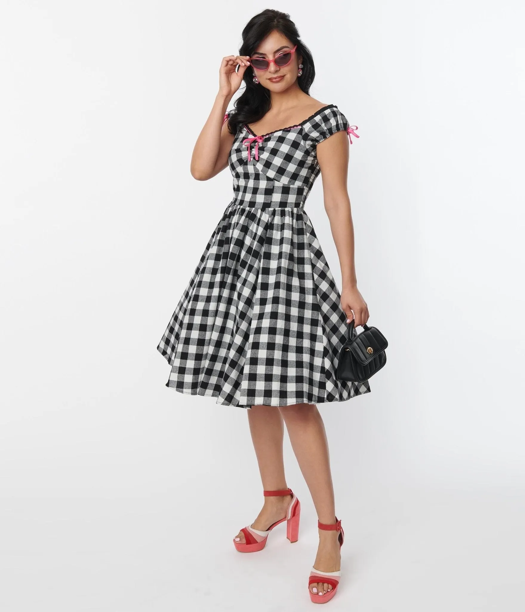 Unique Vintage Black Gingham Cap Sleeve Swing Dress