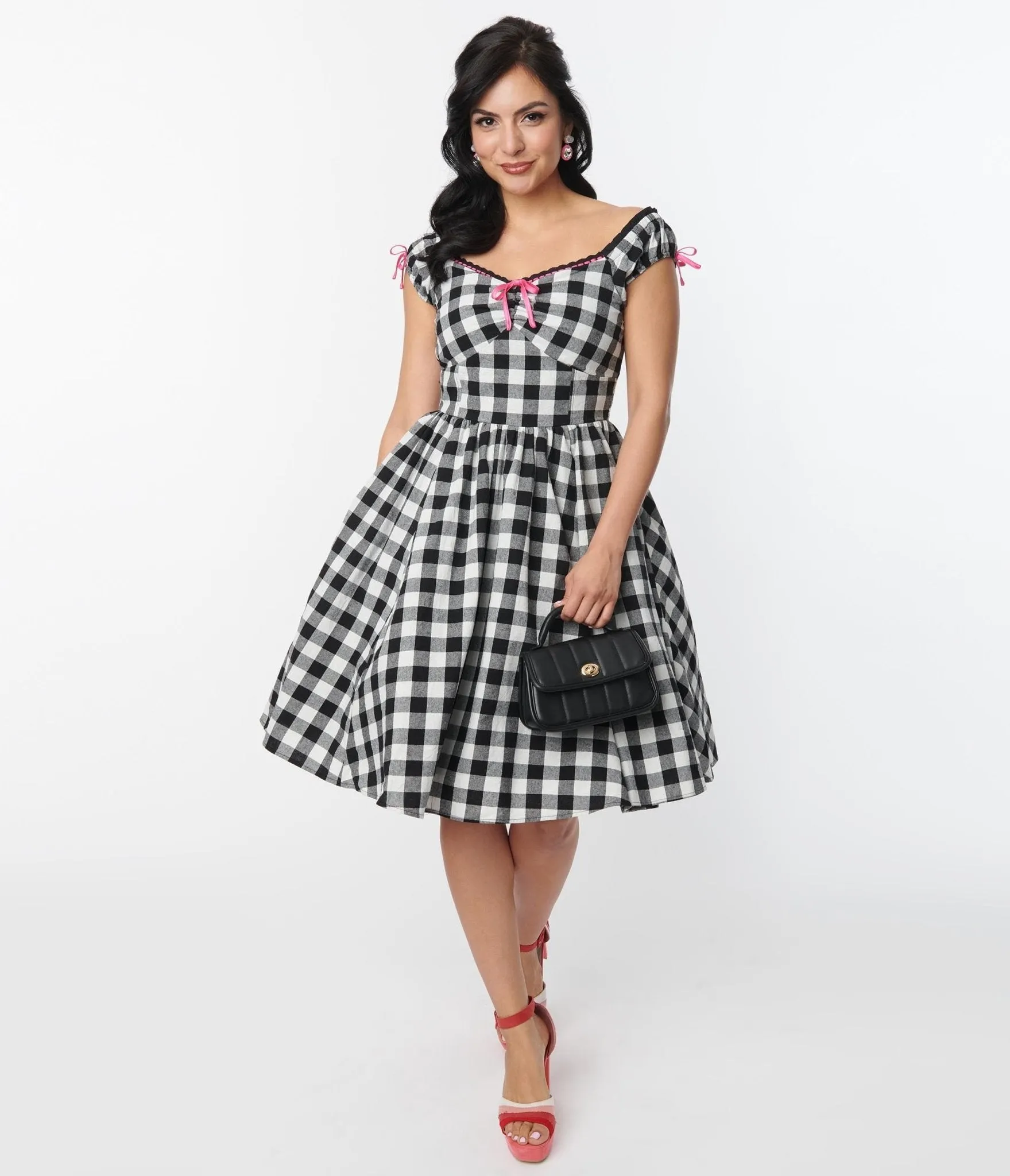 Unique Vintage Black Gingham Cap Sleeve Swing Dress