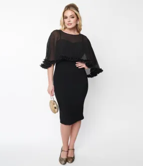 Unique Vintage Black Ruffle Capelet Wiggle Dress