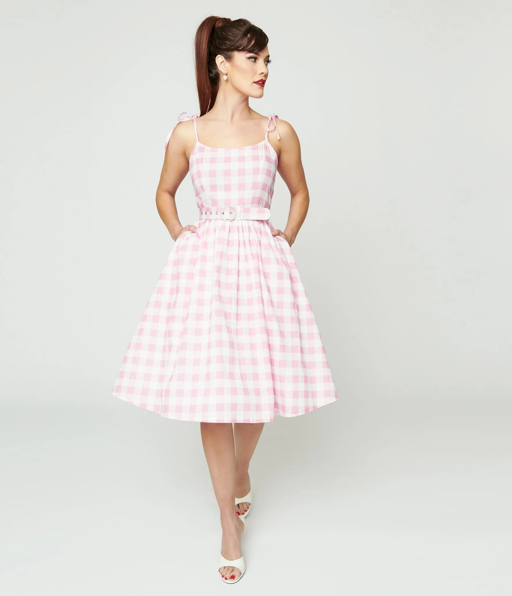 Unique Vintage Pink & White Gingham Bobbie Swing Dress