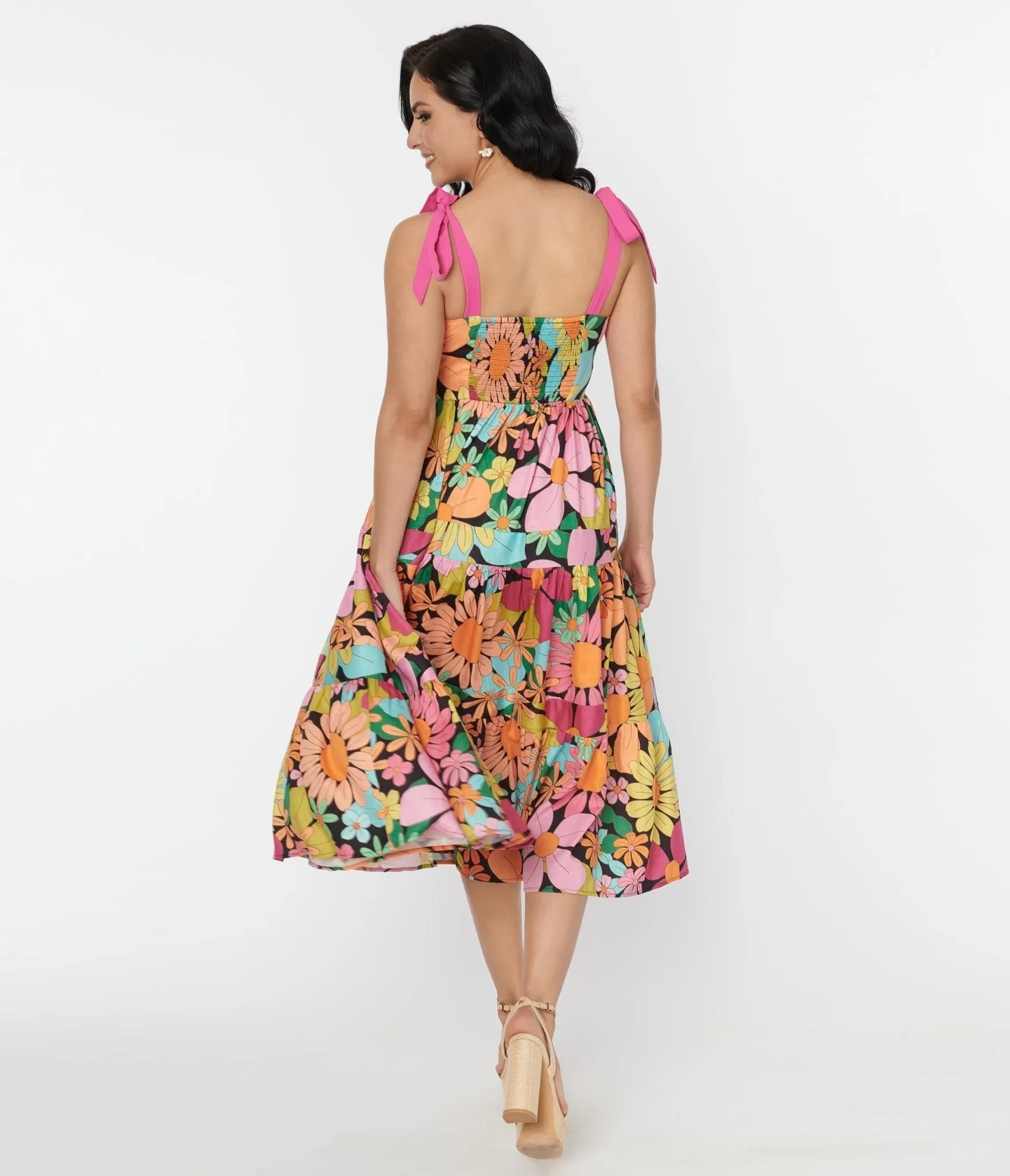 Unique Vintage Pink Floral Tiered Midi Dress