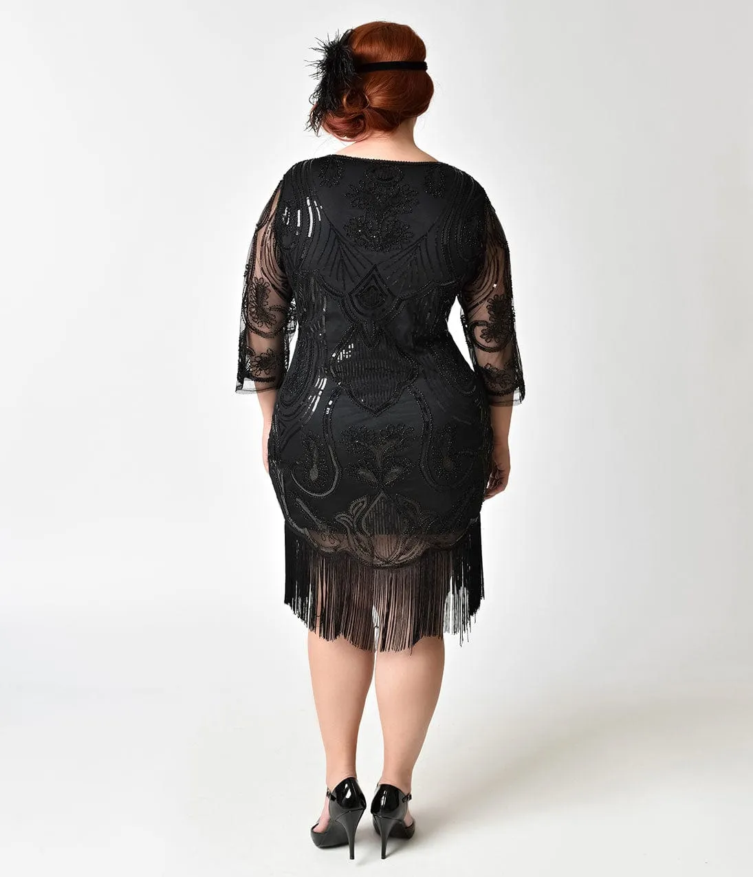 Unique Vintage Plus Size 1920s Black Beaded & Sequin Margaux Sleeved Fringe Flapper Dress