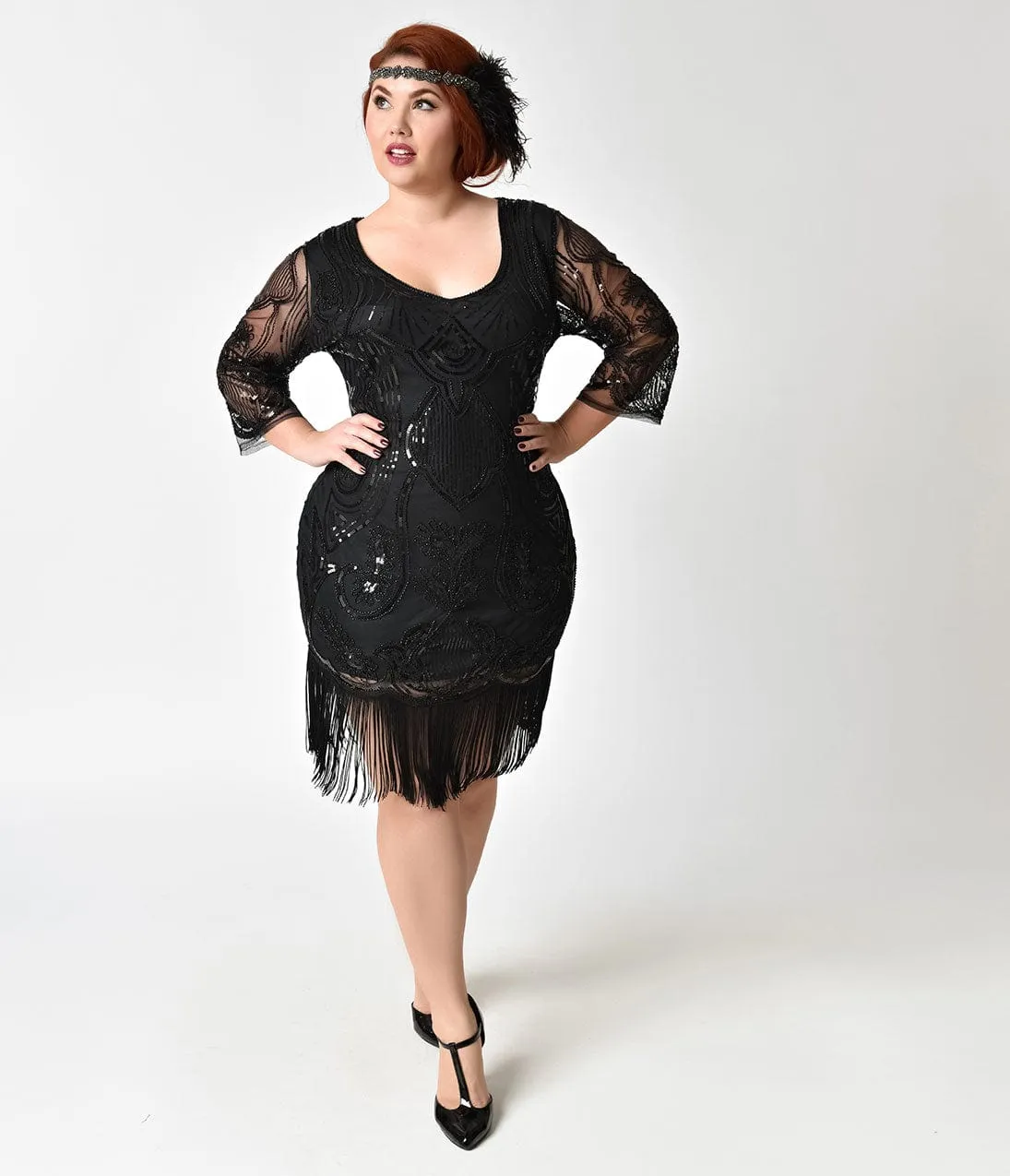 Unique Vintage Plus Size 1920s Black Beaded & Sequin Margaux Sleeved Fringe Flapper Dress