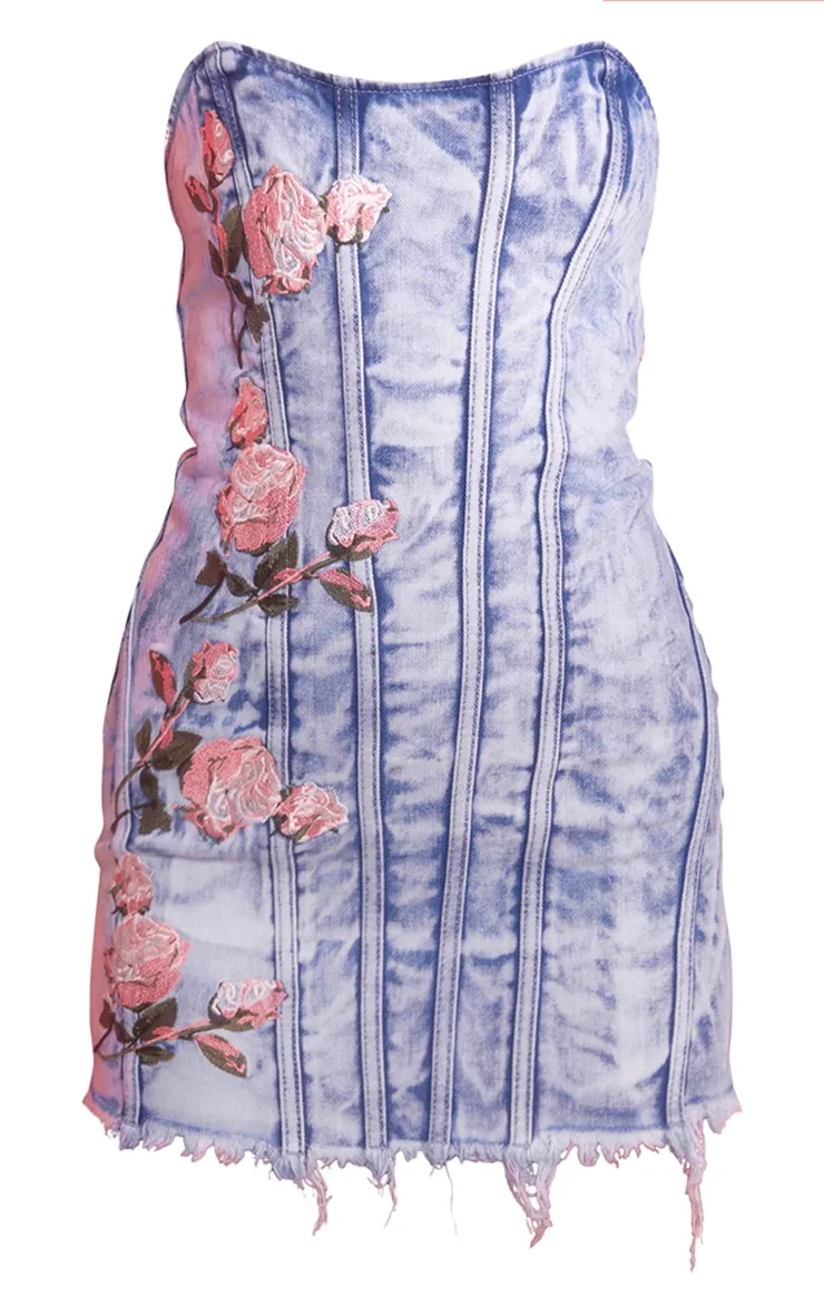 Vintage Bleach Wash Flower Denim Dress