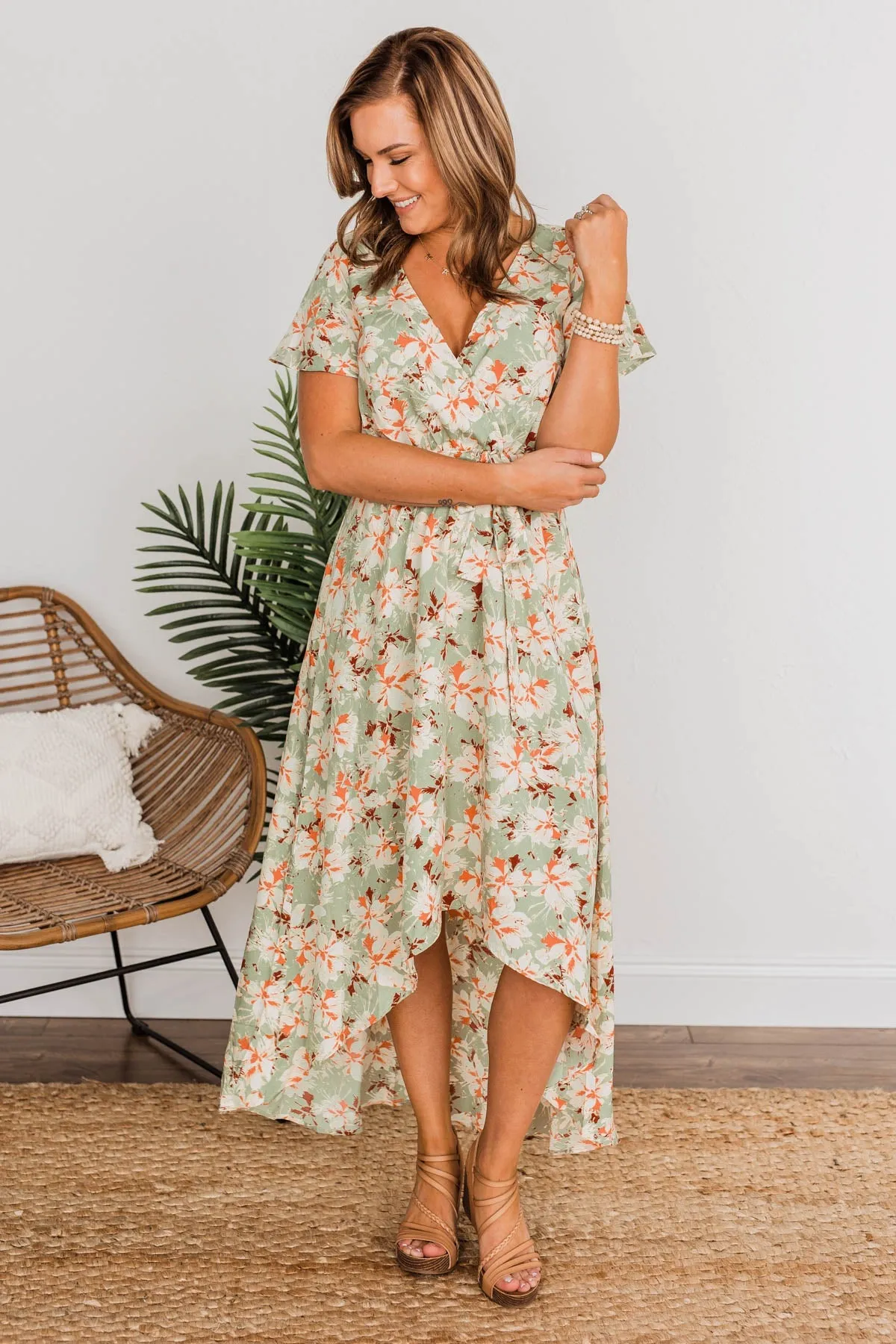 Vintage Vacation High Low Dress- Sage & Cream