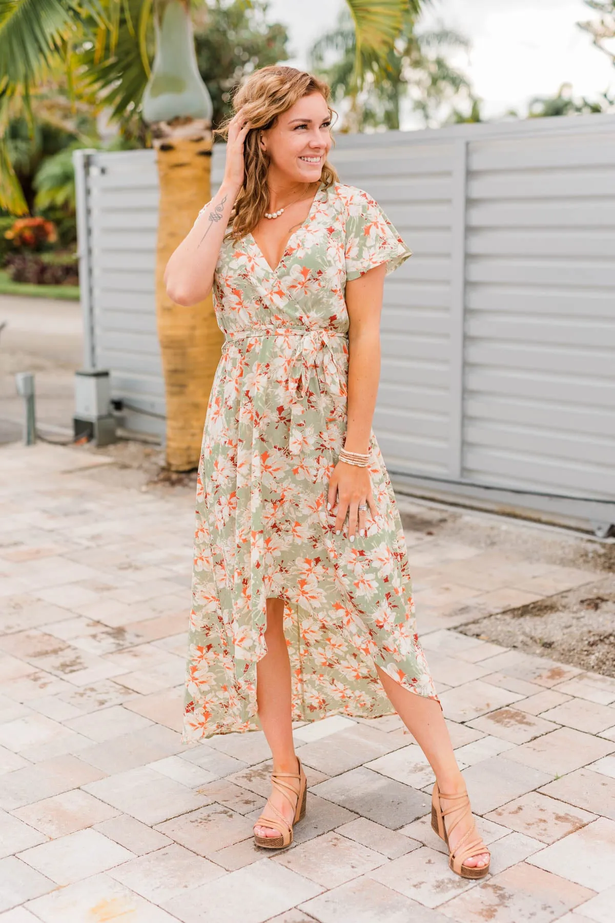 Vintage Vacation High Low Dress- Sage & Cream