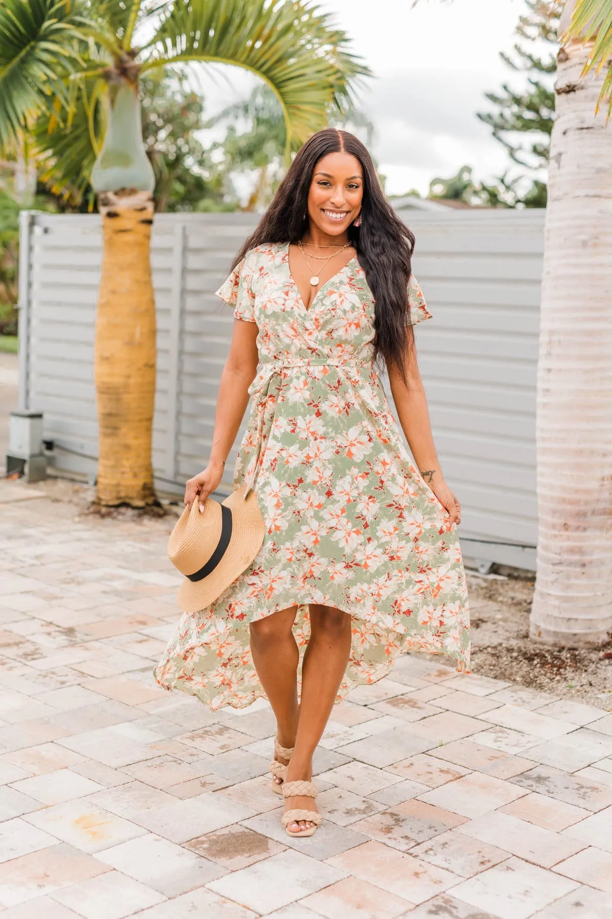 Vintage Vacation High Low Dress- Sage & Cream