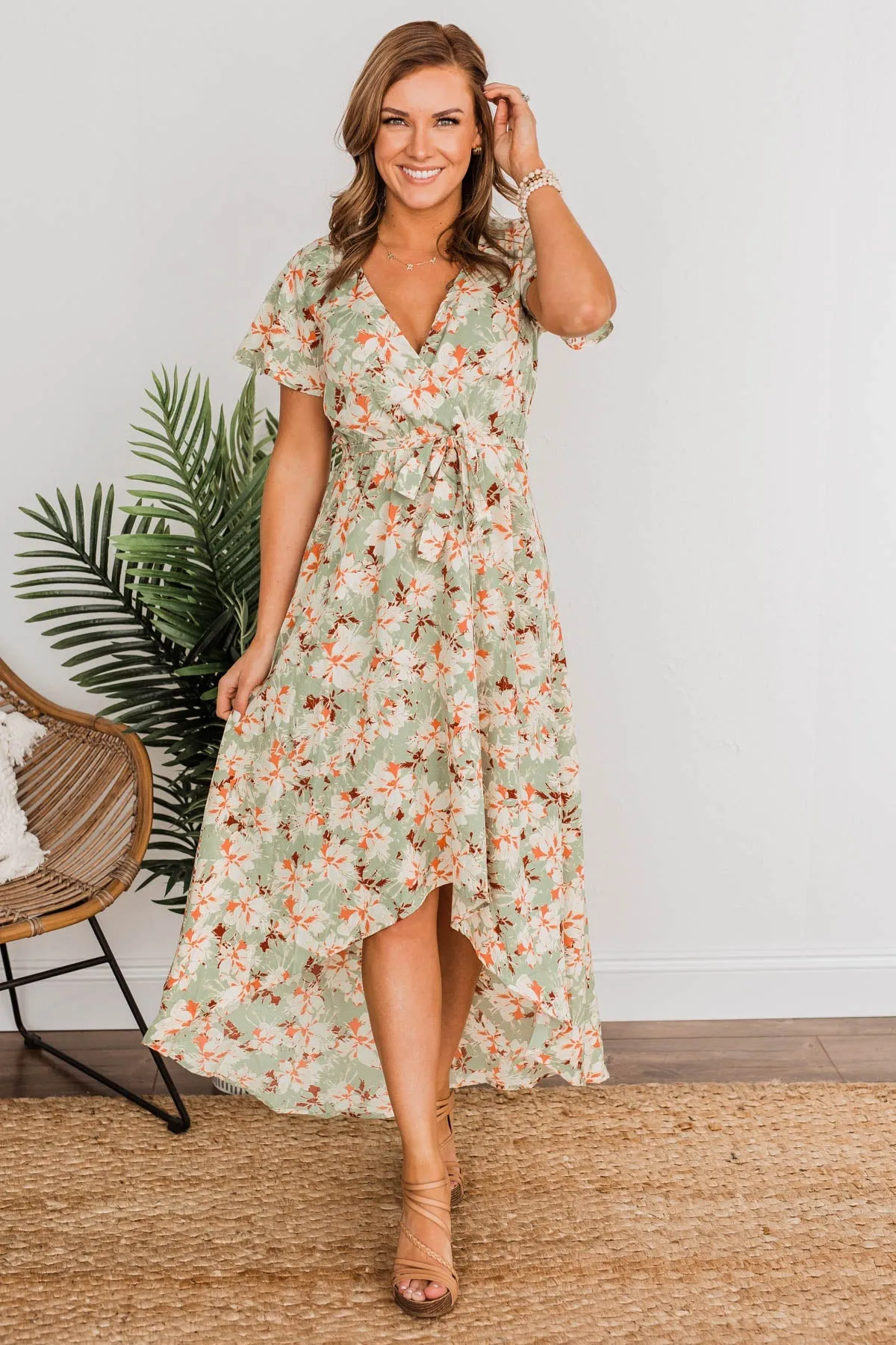 Vintage Vacation High Low Dress- Sage & Cream