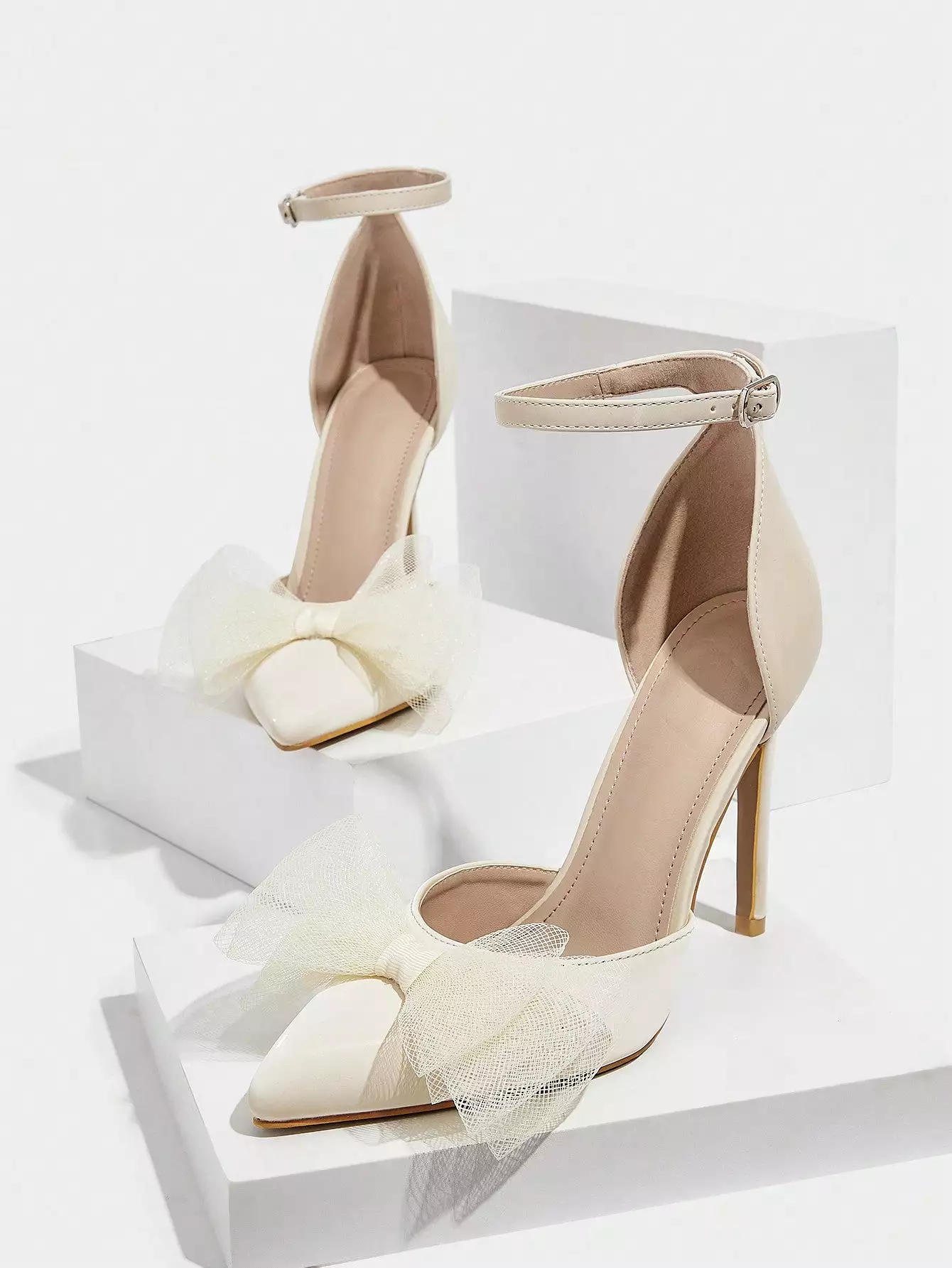 Woman Shoes Bow Decor Stiletto Heeled Elegant Beige Ankle Strap Pumps For Spring And Summer