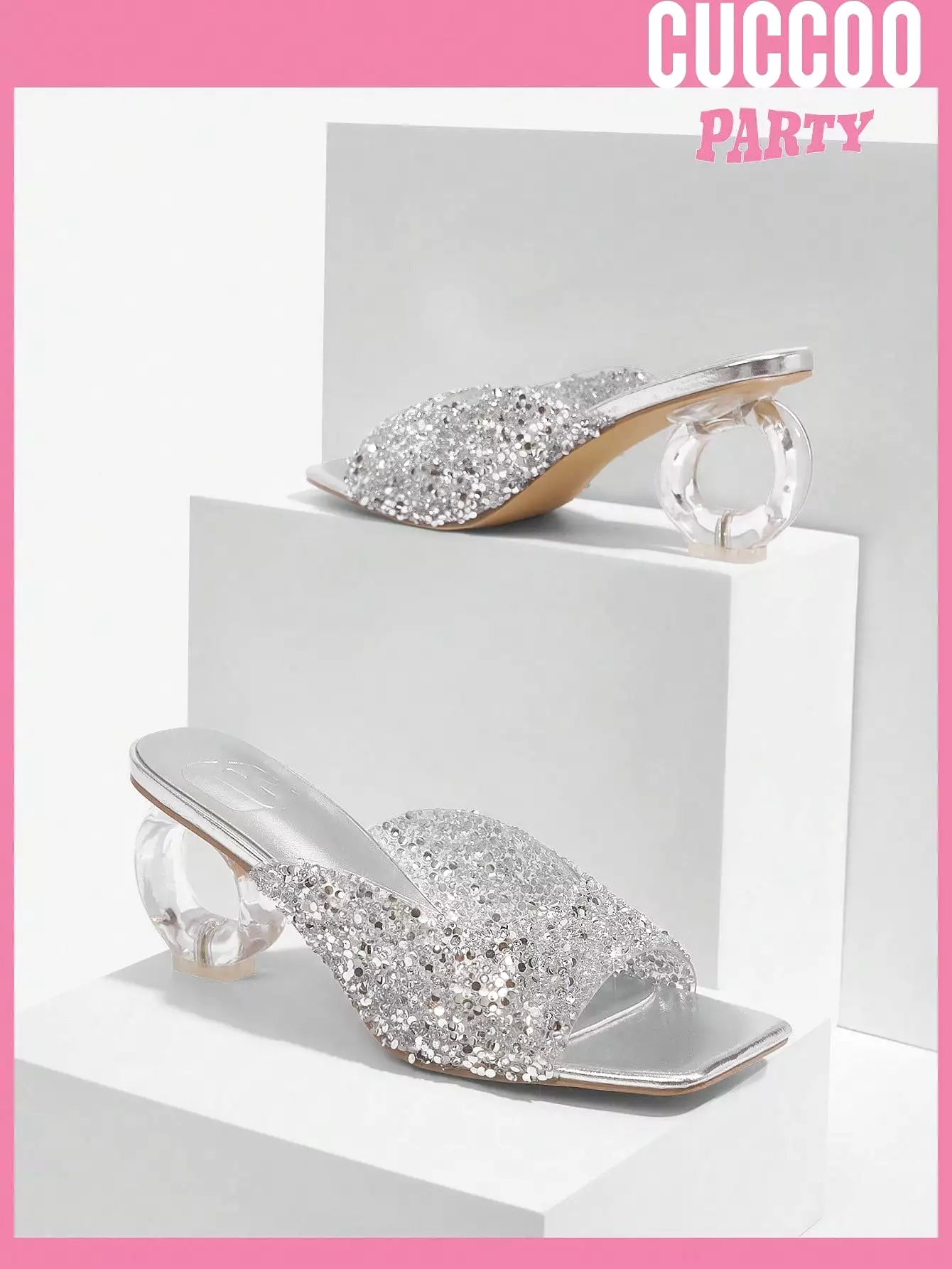 Woman Shoes Fashionable & Sexy Square Toe Crystal Studded Stiletto Heels Sandals With Open Toe For Spring And Summer