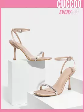 Woman Shoes Fashionable Square Toe Simple & Sexy Diamante Detail High Heel Sandals For Spring And Summer