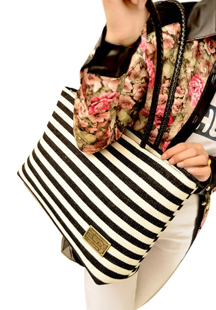 Women Hangbag Black&White Stripe Canvas Bag Vintage AllMatch Handbag Bolsa Feminina Freeship