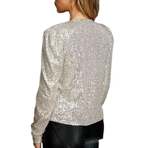 Women's Fashion Solid Color Sequins Patchwork Placket Coat Casual Jacket