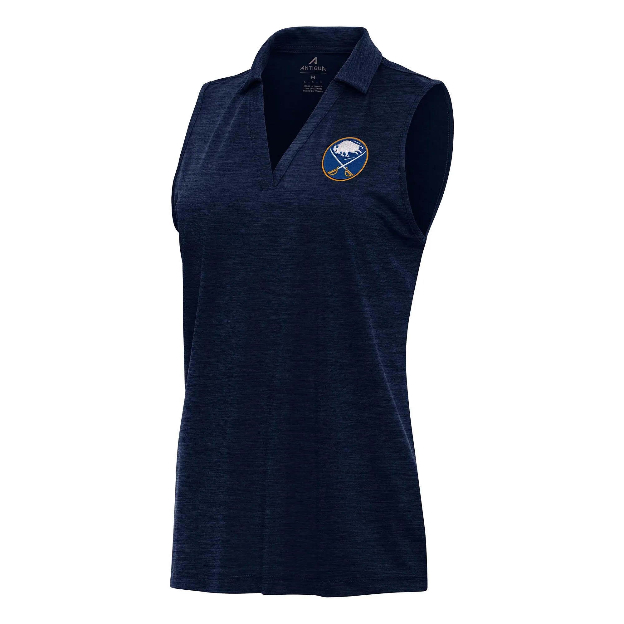 Women's Buffalo Sabres Antigua Heather Navy Layout Sleeveless V-Neck Polo