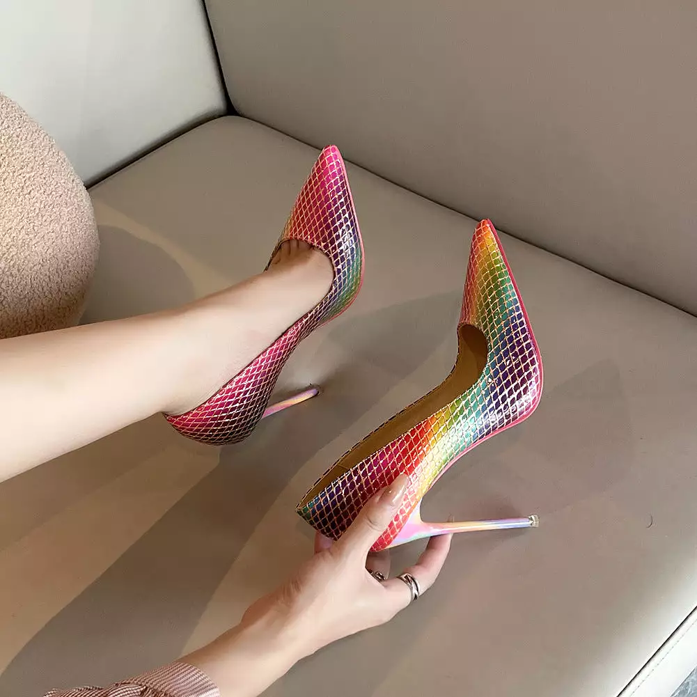 Women's Candy Color Pointed Toe Lattice Shallow Stiletto Heel Pumps