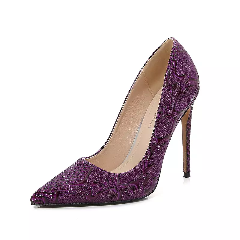 Women's Embossed Pointed Toe Shallow Stiletto Heel Pumps