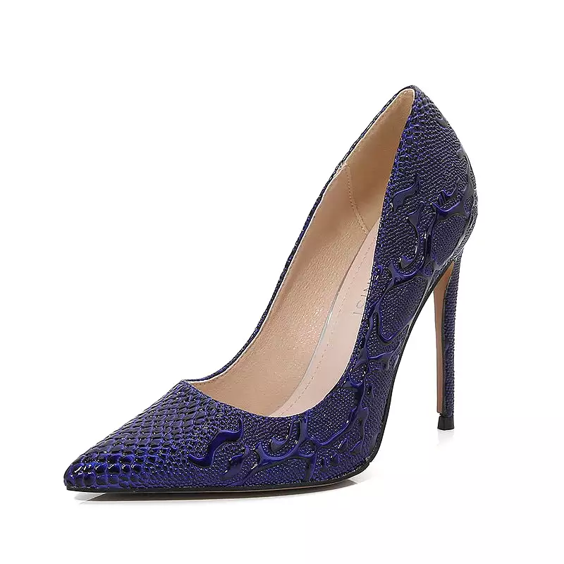 Women's Embossed Pointed Toe Shallow Stiletto Heel Pumps