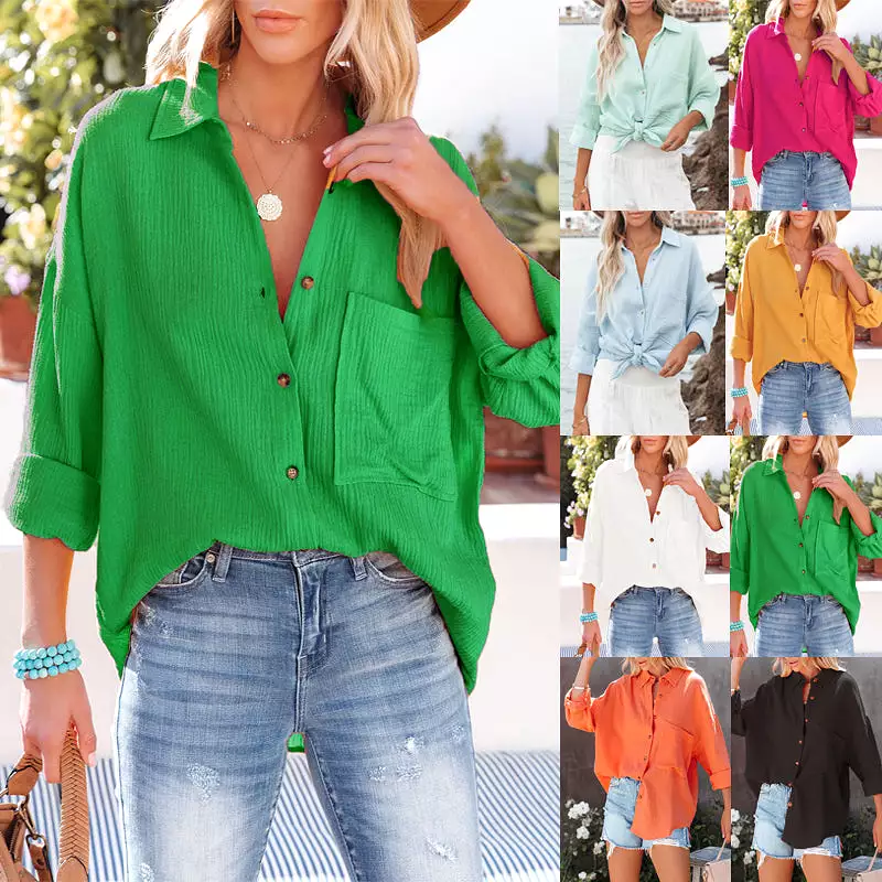 Women's Fashion Polo Collar Pocket Candy Color Shirt Top