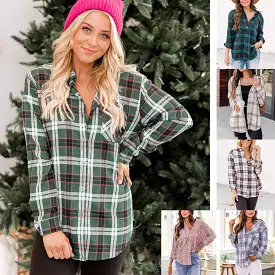 Women's Fashion Temperament Lapel Pocket Long Sleeve Plaid Shirt Coat