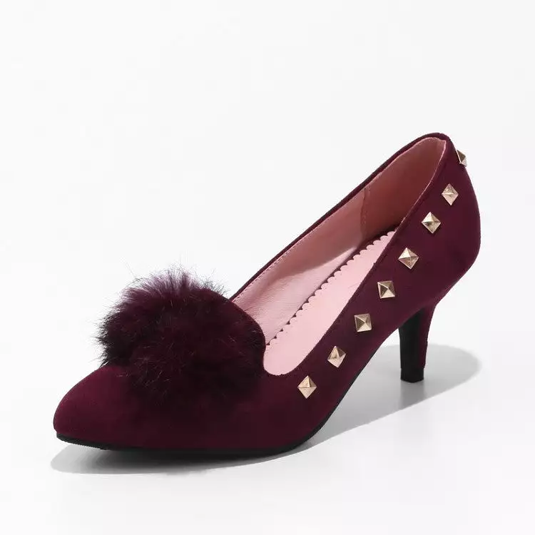 Women's Flock Pointed Toe Furry Rivets Shallow Stiletto Heel Pumps