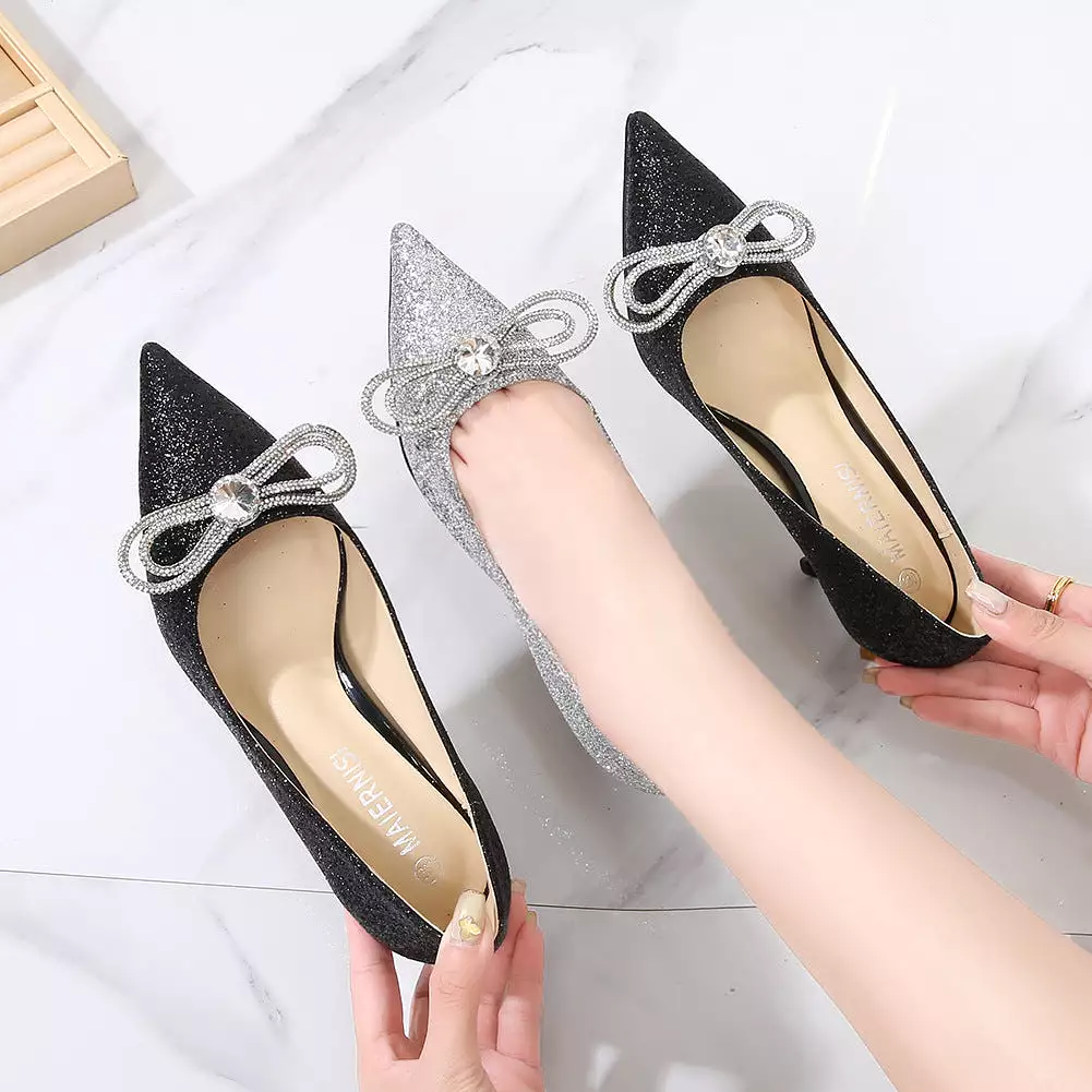 Women's Glittery Rhinestone Bow Tie Shallow Stiletto Heel Pumps