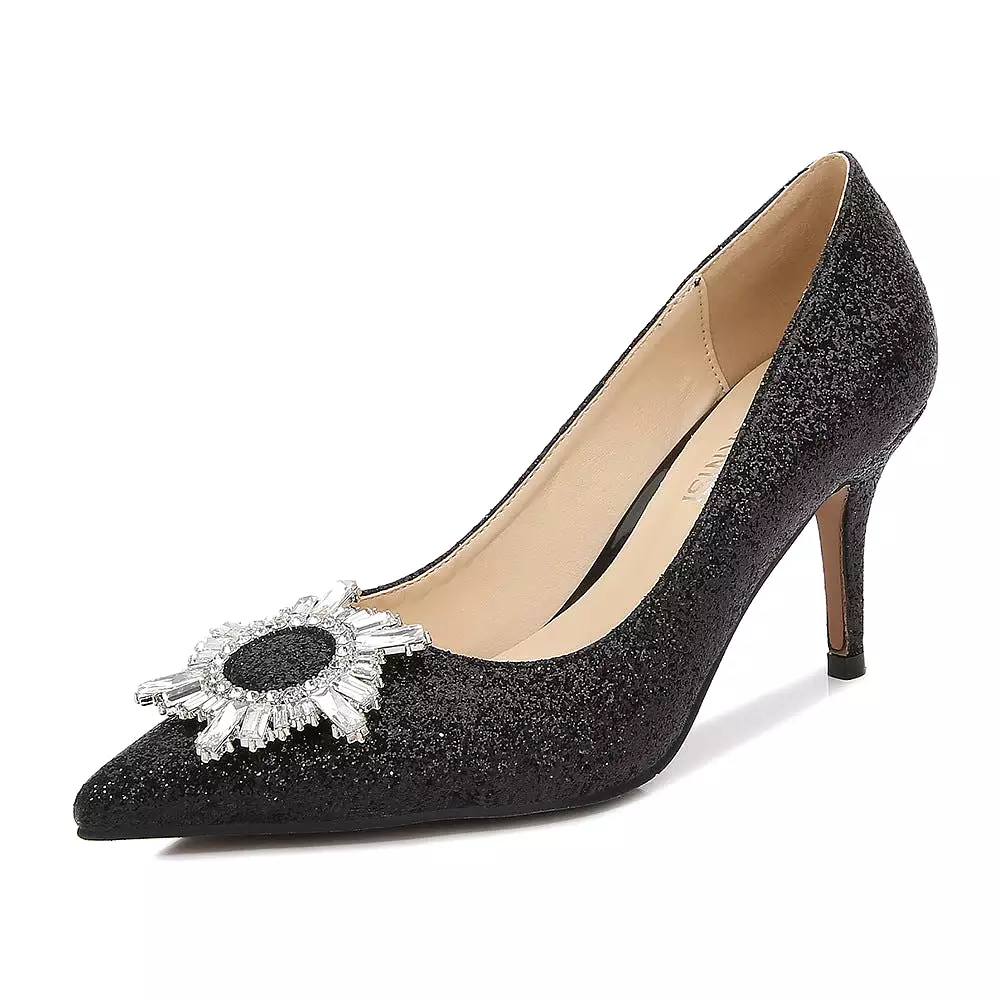 Women's Glittery Rhinestone Sunflower Shallow Stiletto Heel Pumps