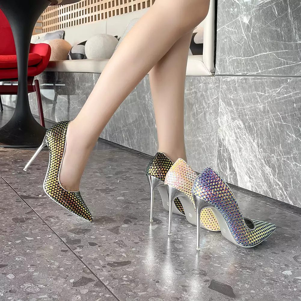 Women's Glittery Sequins Pointed Toe Shallow Stiletto Heel Pumps