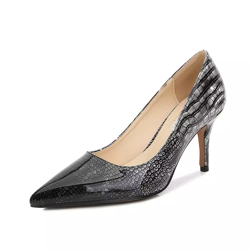 Women's Glossy Snake Printed Shallow Stiletto Heel Pumps