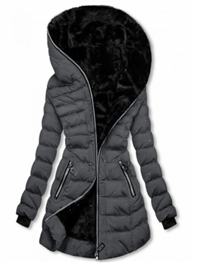 Women's Long Puffer Jacket with Full Zip and Hood in Multiple Colors