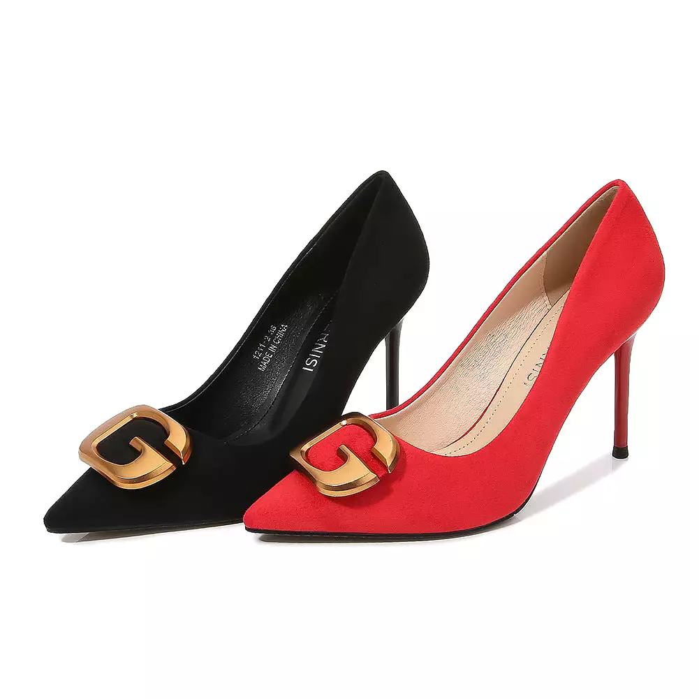 Women's Metal Buckles Pointed Toe Shallow Stiletto Heel Pumps