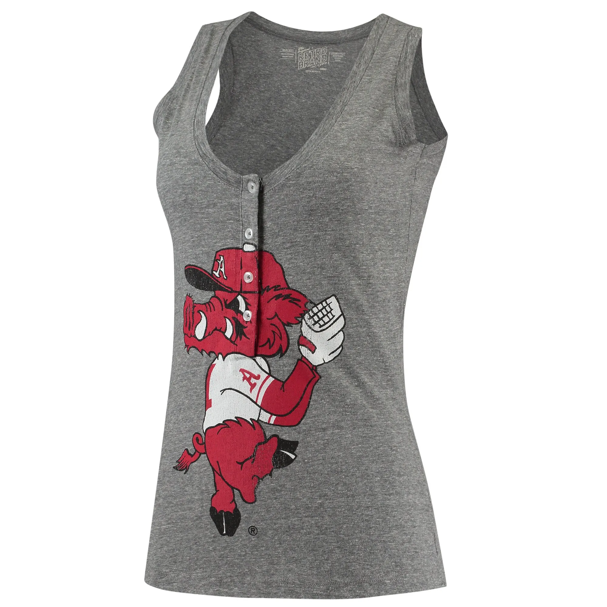 Women's Original Retro Brand Heathered Gray Arkansas Razorbacks Relaxed Henley Tri-Blend V-Neck Tank Top