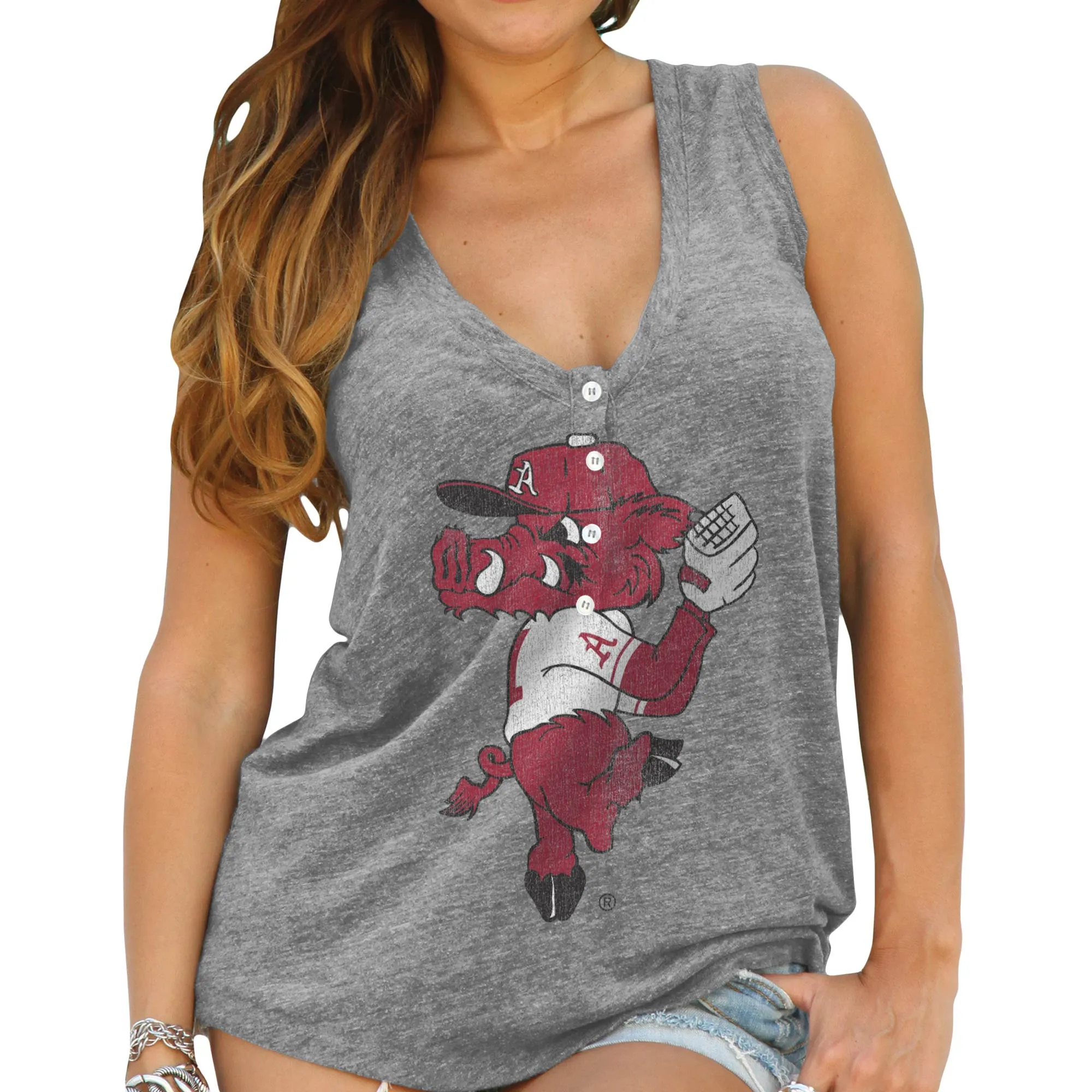 Women's Original Retro Brand Heathered Gray Arkansas Razorbacks Relaxed Henley Tri-Blend V-Neck Tank Top