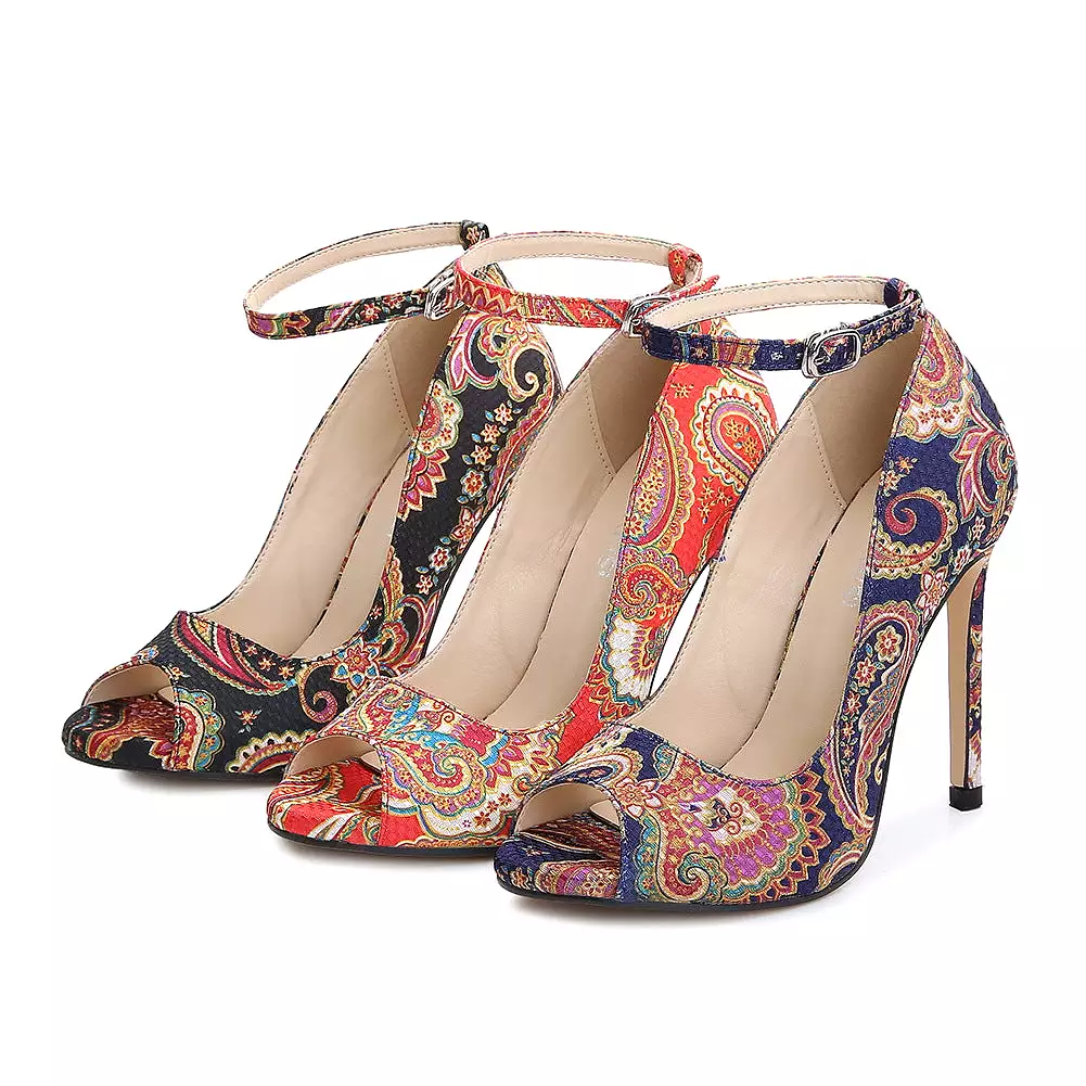 Women's Peep Toe Embroidery Flora Shallow Stiletto Heel Pumps