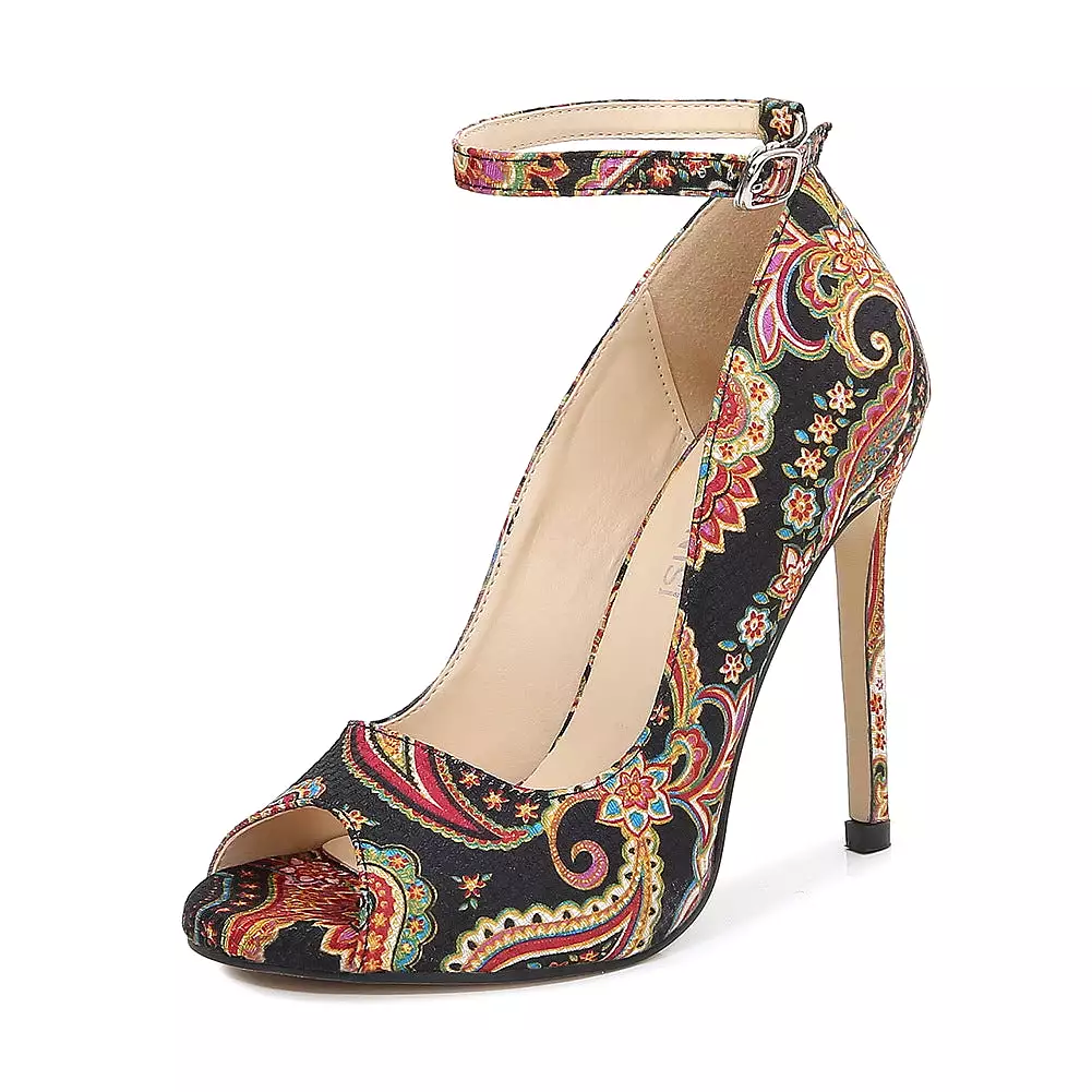 Women's Peep Toe Embroidery Flora Shallow Stiletto Heel Pumps