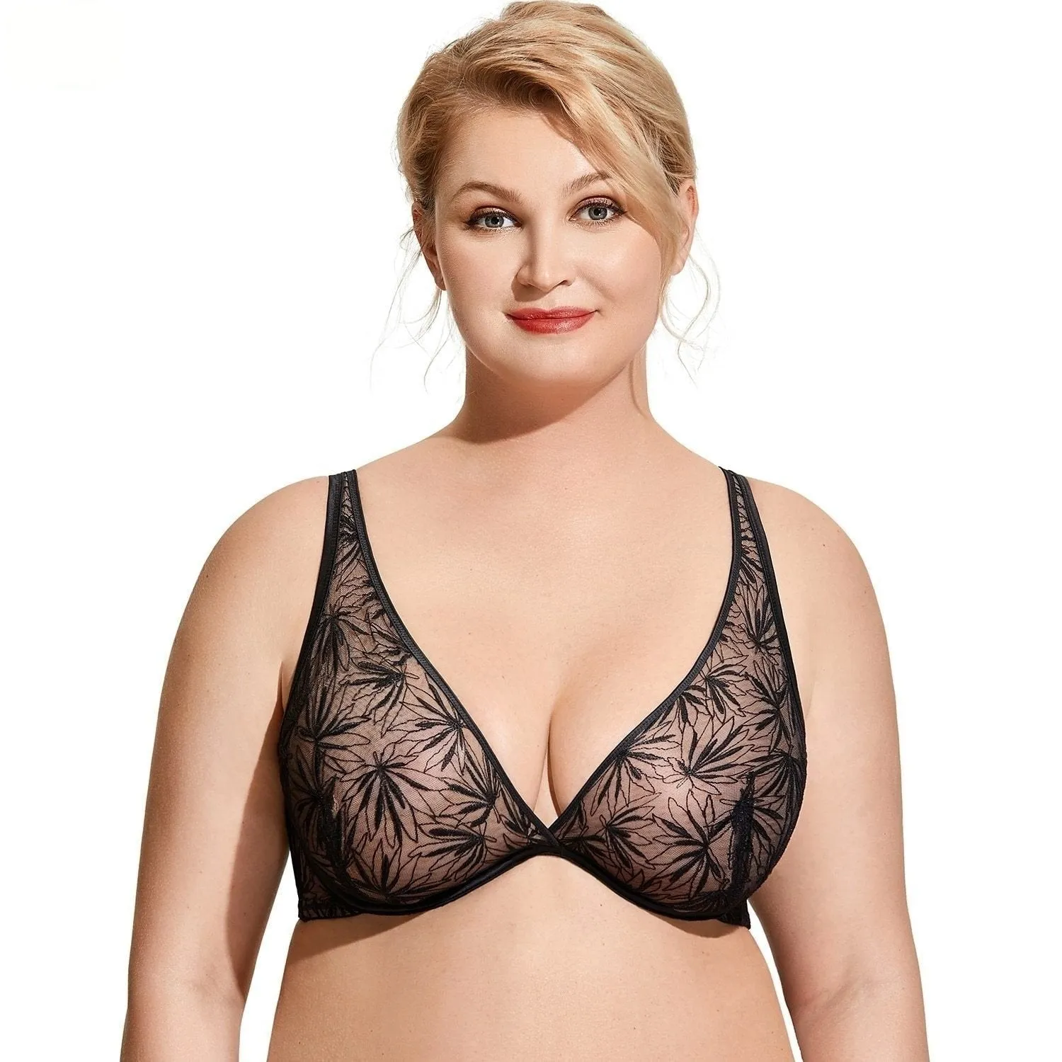 Women's Plus Size Black Foral Mesh Lace Deep V Plunge Unlined Underwire Bra