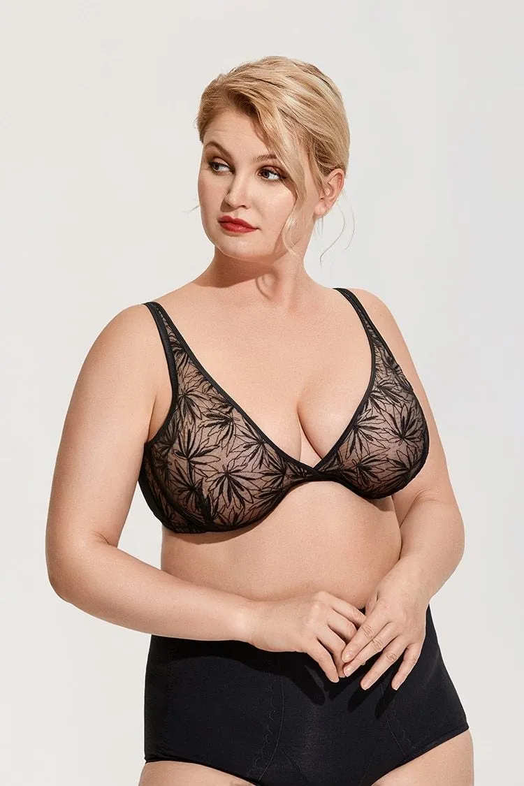 Women's Plus Size Black Foral Mesh Lace Deep V Plunge Unlined Underwire Bra