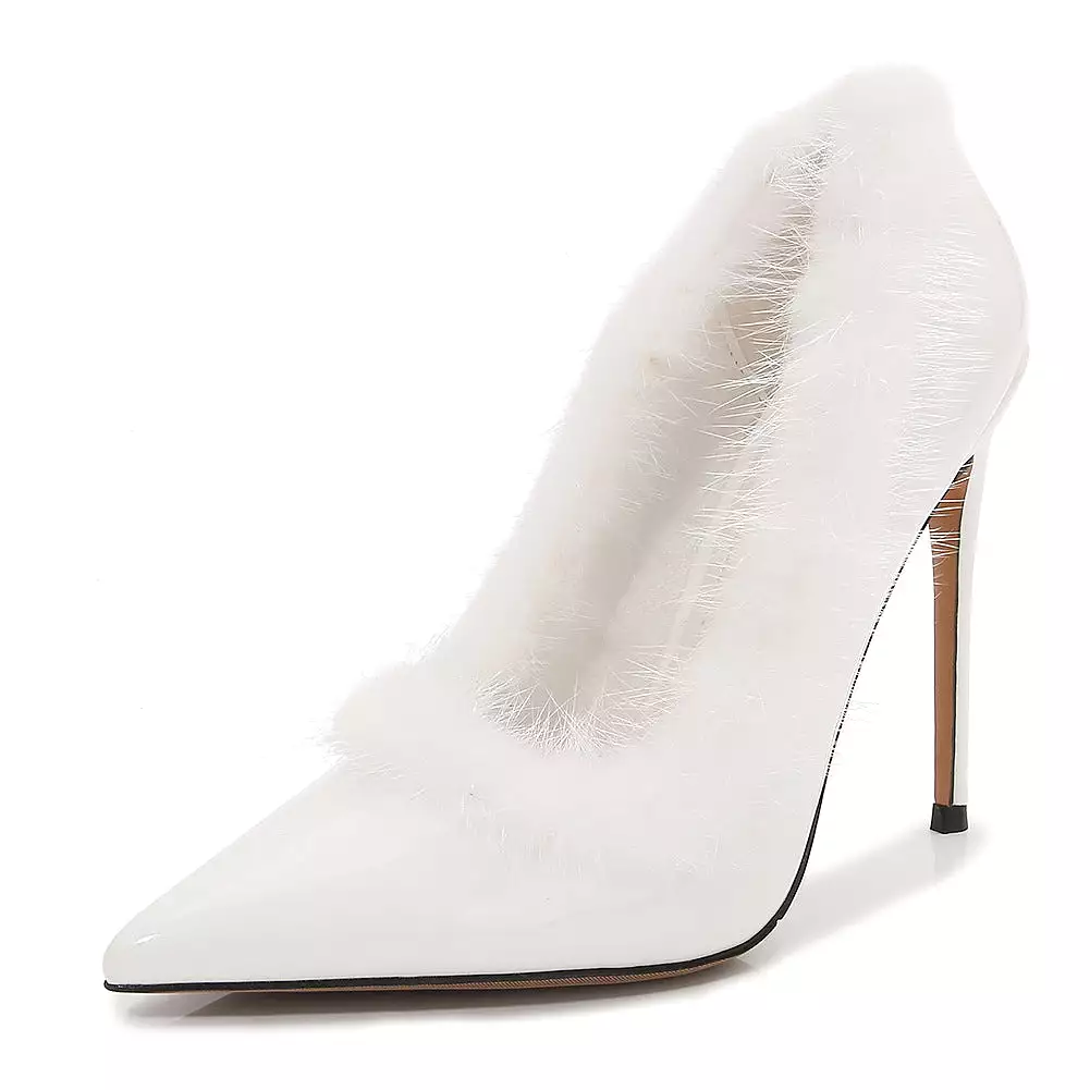 Women's Pointed Toe Furry Shallow Stiletto Heel Pumps