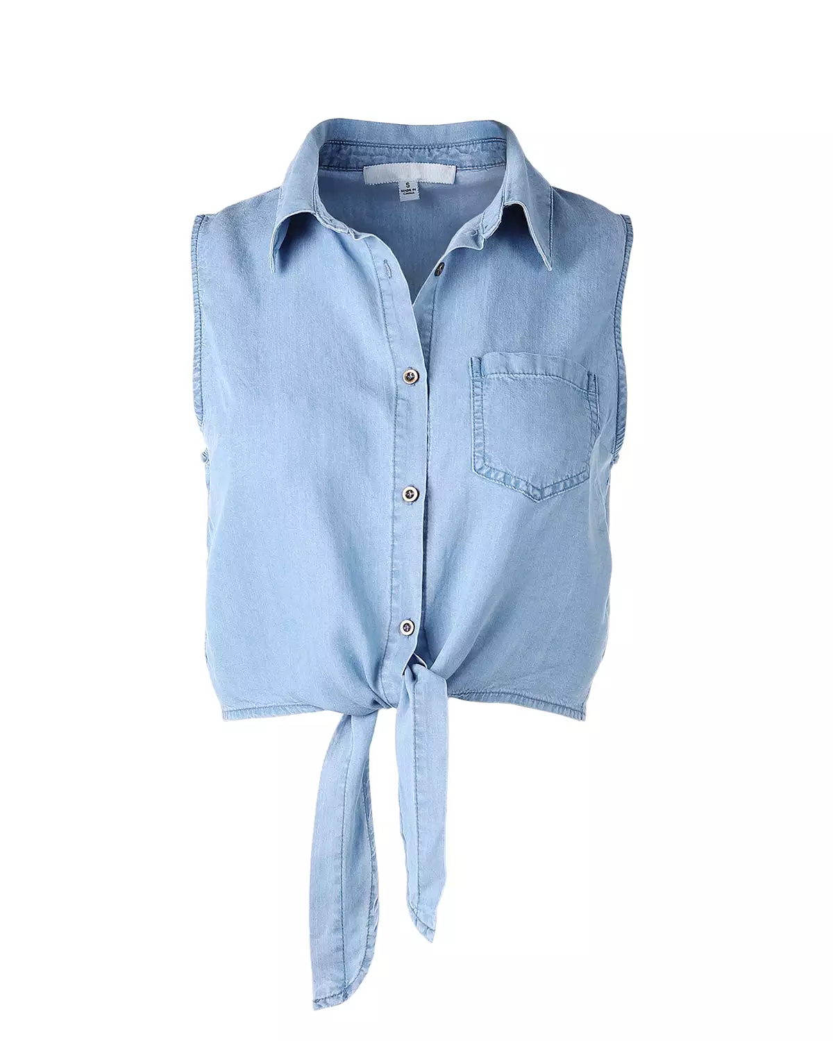 Women's Roll Up Sleeve Crop Top Tie Front Chambray Denim Shirt